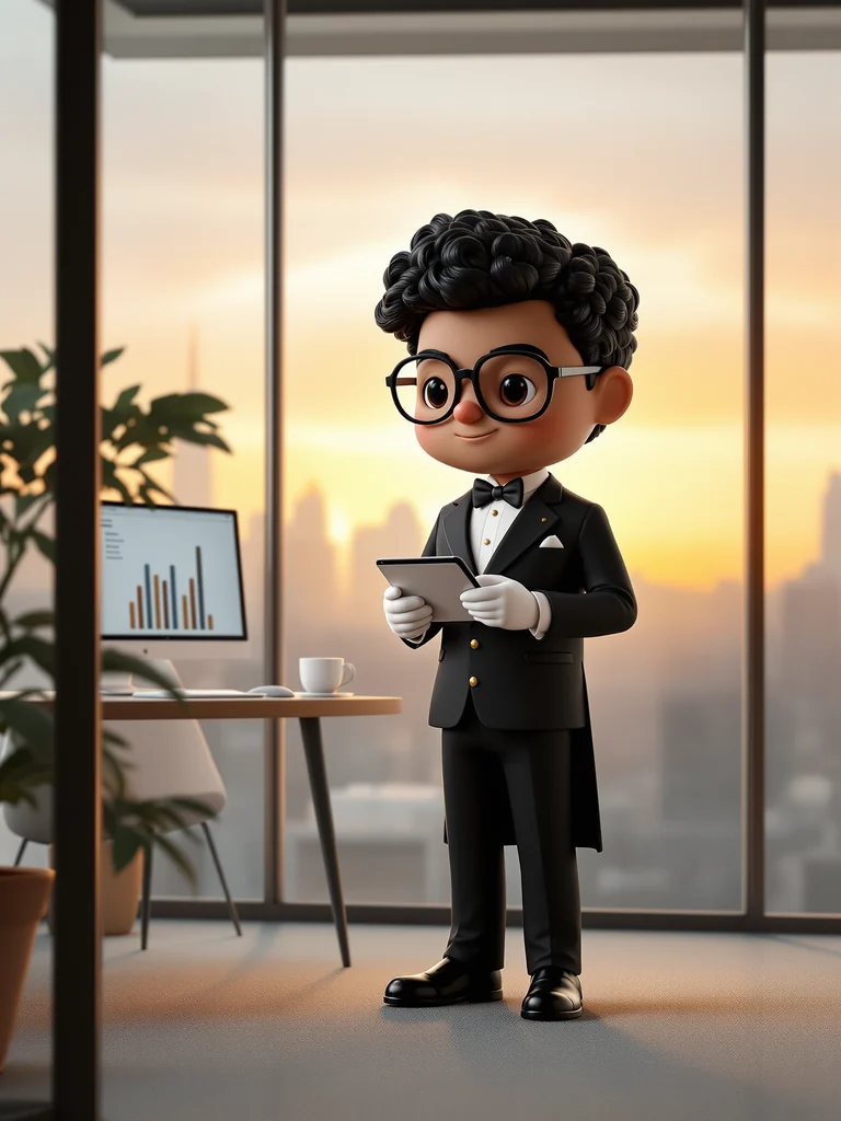 Illustration of an analyst holding a tablet in an office at dawn