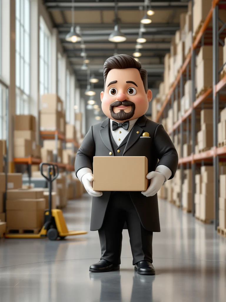 Illustration of a buyer holding a box between warehouse shelves