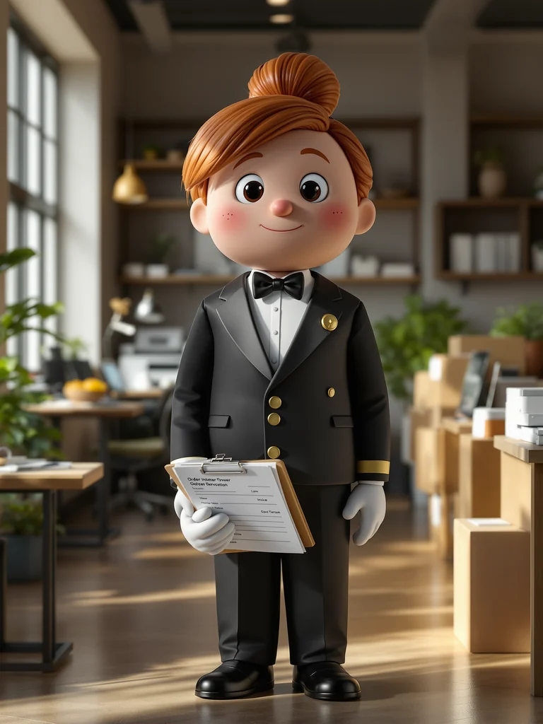 Illustration of an order manager holding a folder of invoices in a sales office