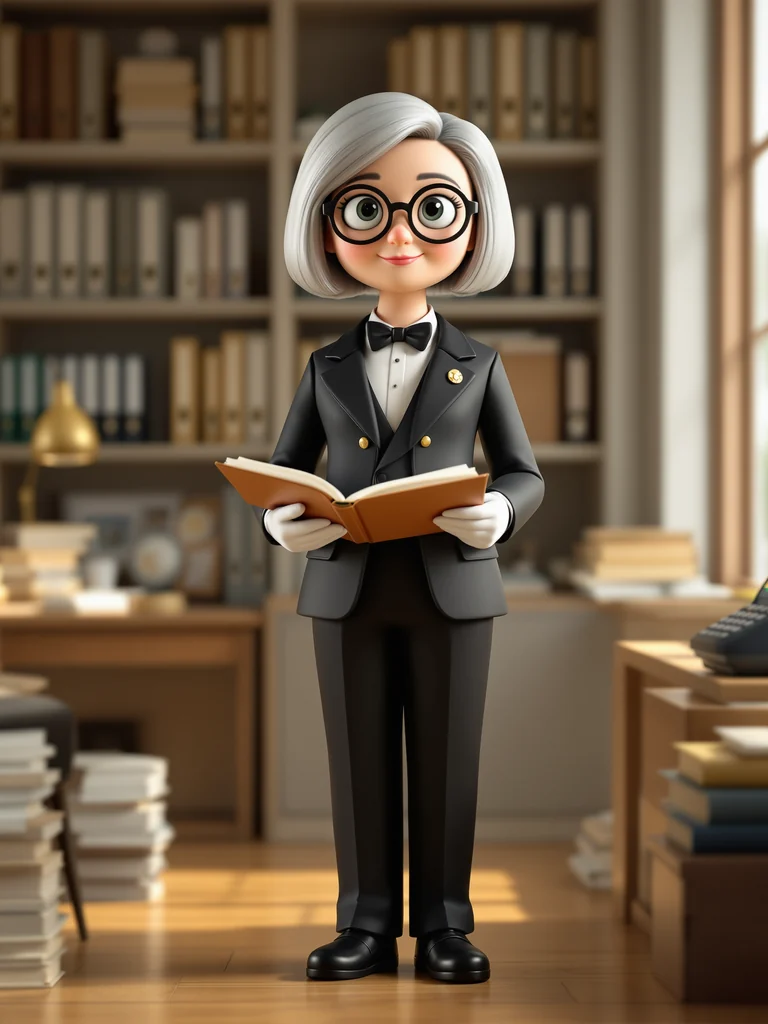 Illustration of an accounts receivable clerk holding an open ledger among folders
