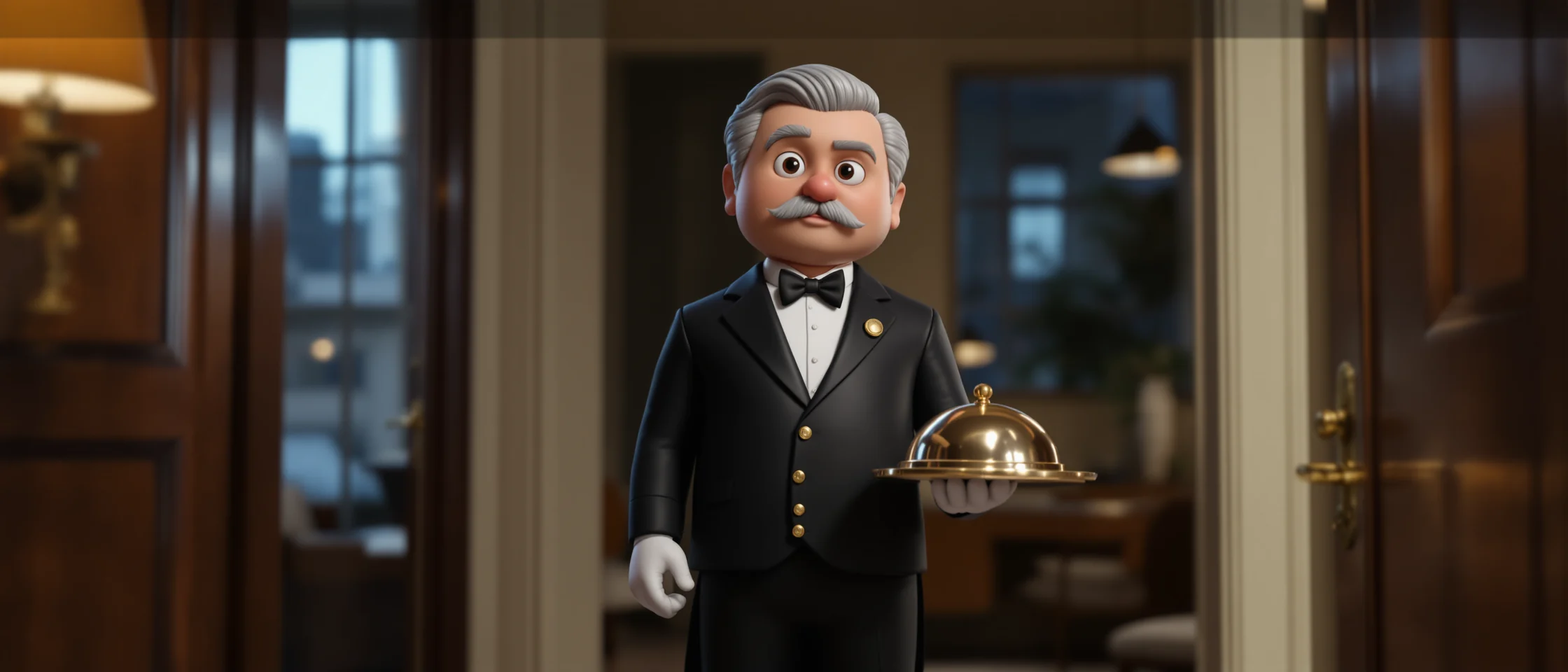 Illustration of a butler with a tray and cloche standing in the doorway of a dark study