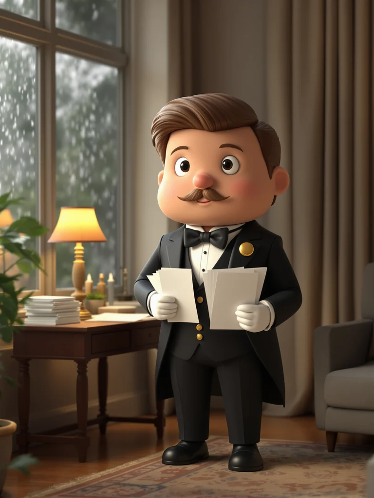 Illustration of a butler holding bills in the living room