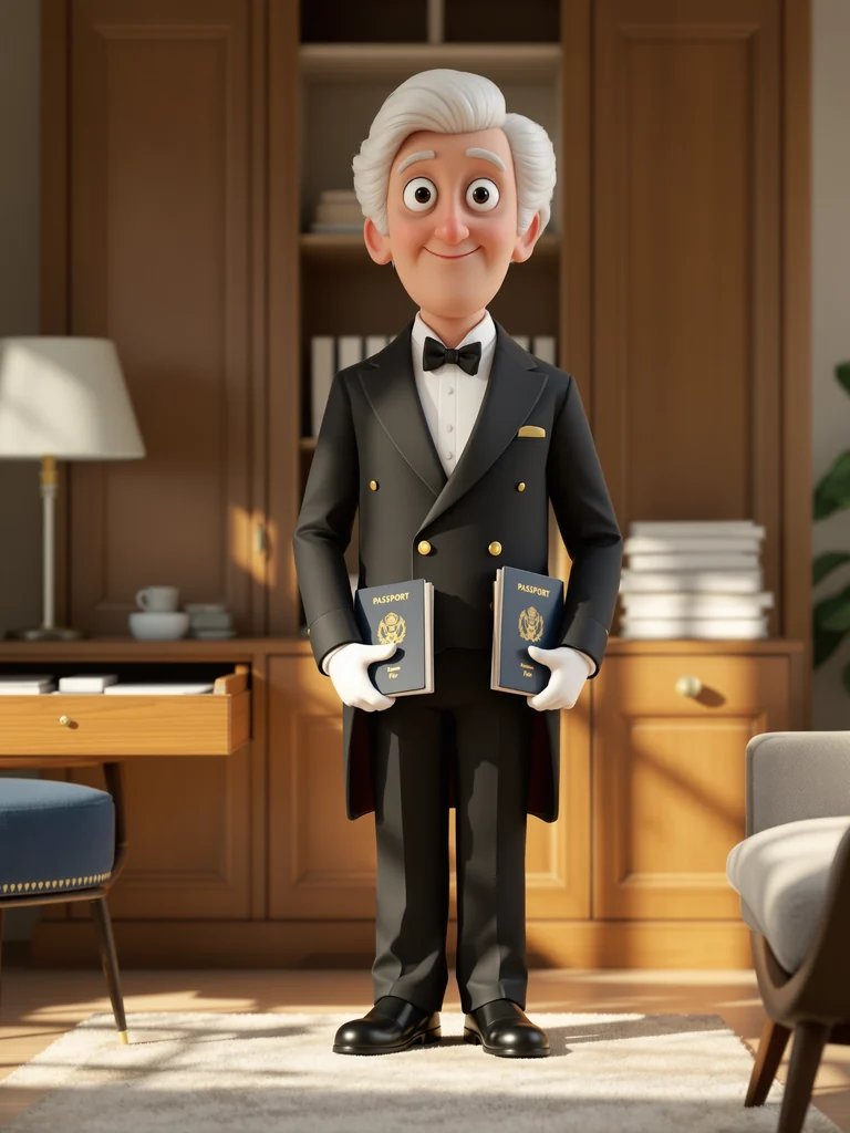 Illustration of a butler holding passports in a home office