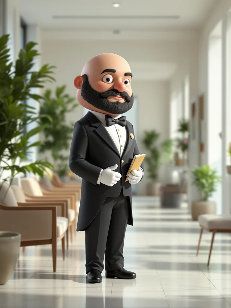 Illustration of a butler holding a folder of medical papers in a clinic waiting room