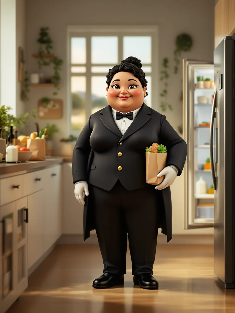 Illustration of a housekeeper holding a bag of groceries in the kitchen