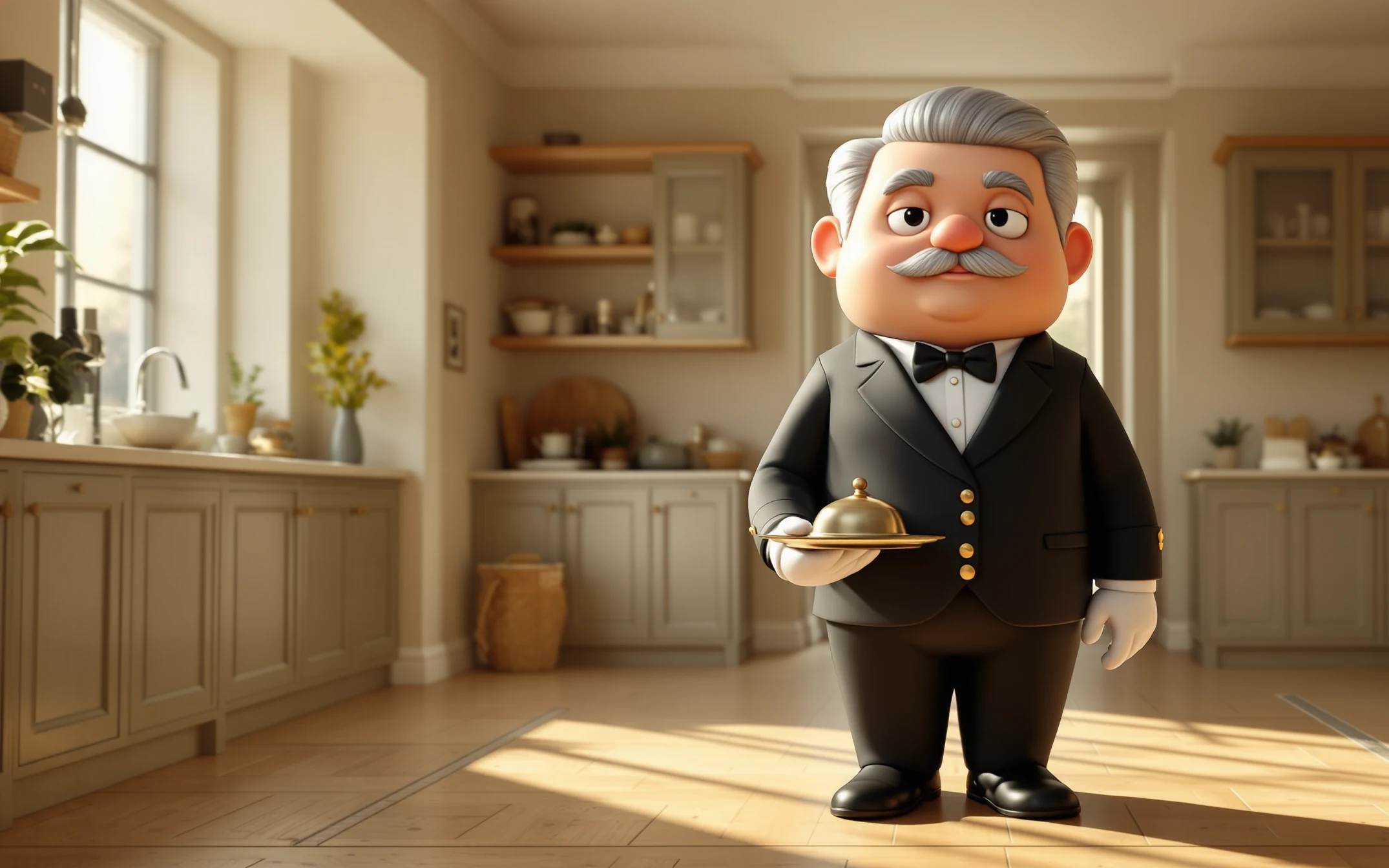 The same butler with a tray in a family kitchen in the morning