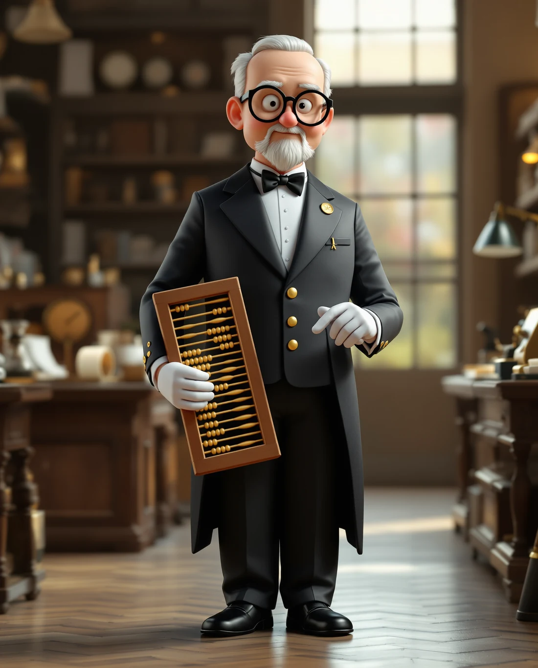 Illustration of an elderly bookkeeper in glasses holding an old abacus