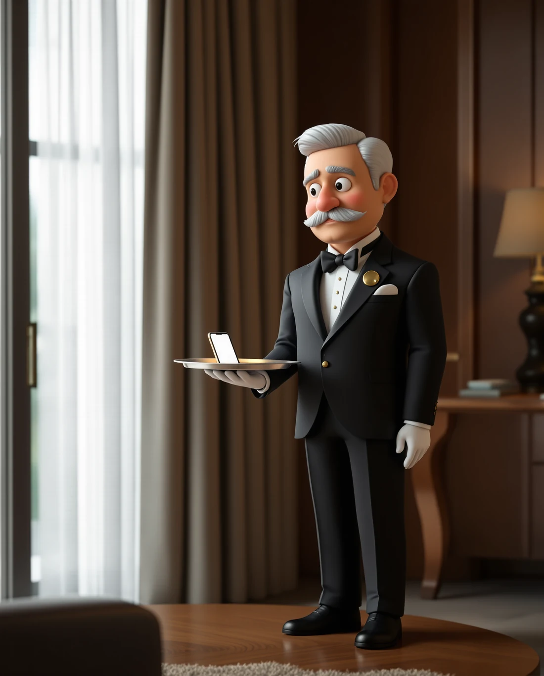 Illustration of a butler holding a tray with a phone on it, waiting for approval by the owner's desk