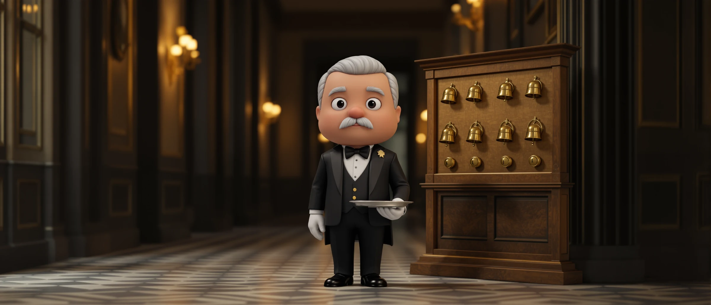 Illustration of a butler with a tray by an old servants' bell board