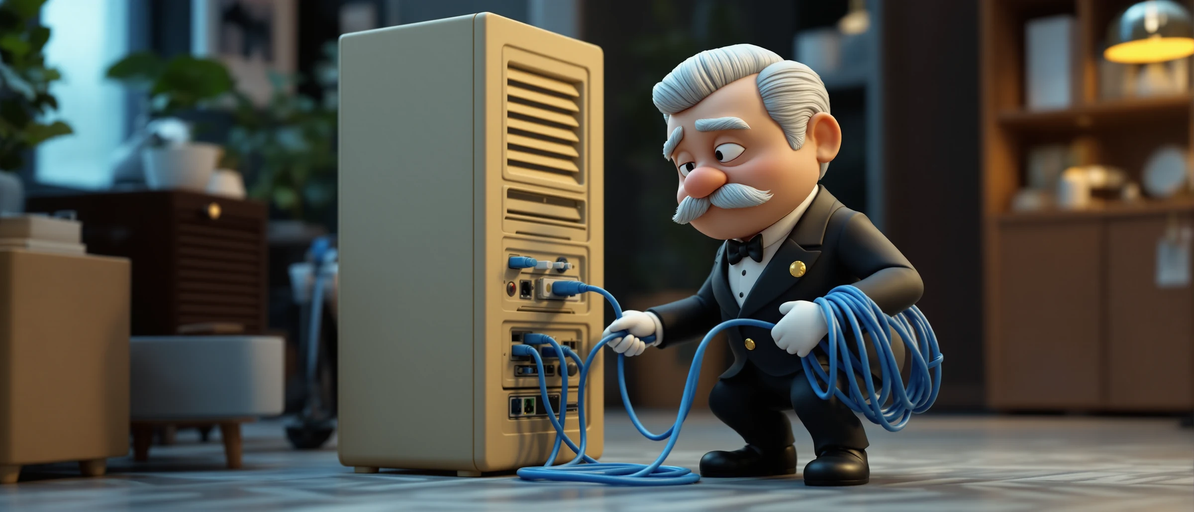Illustration of a butler plugging a blue network cable into an old server in a back-office storage room