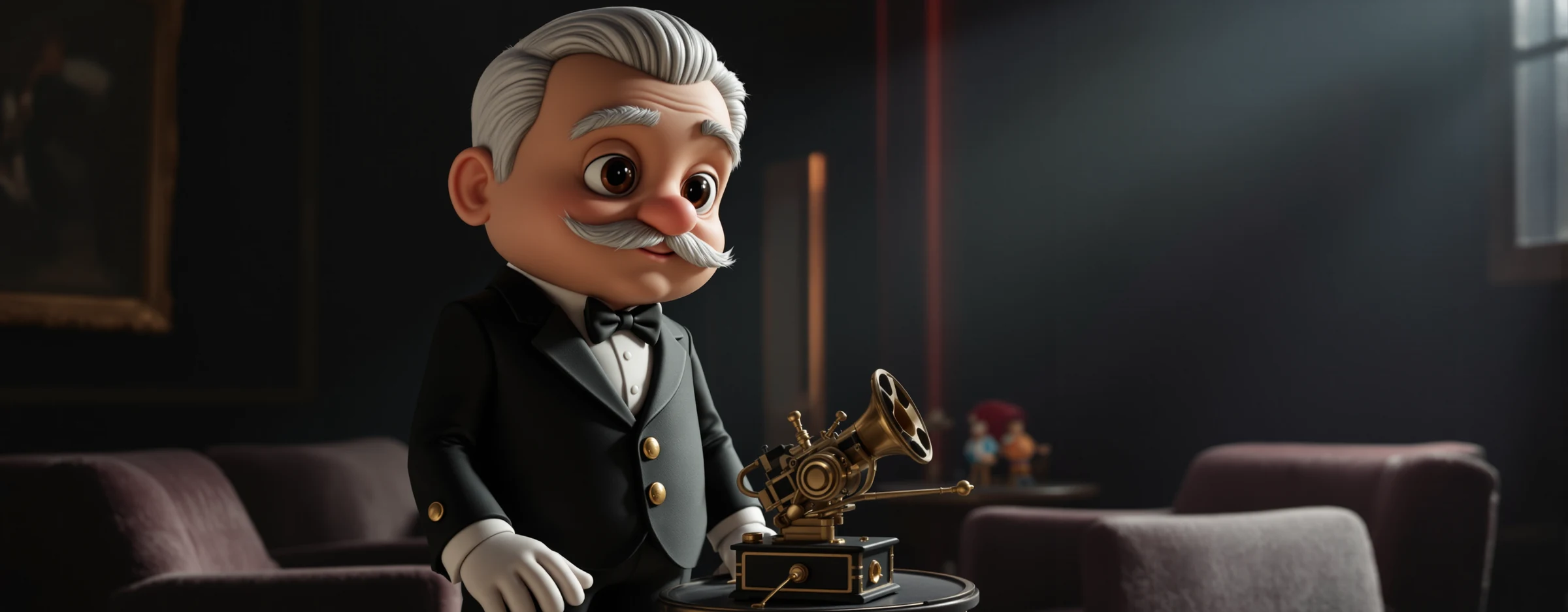 Illustration of a butler at an old film projector in a small home cinema