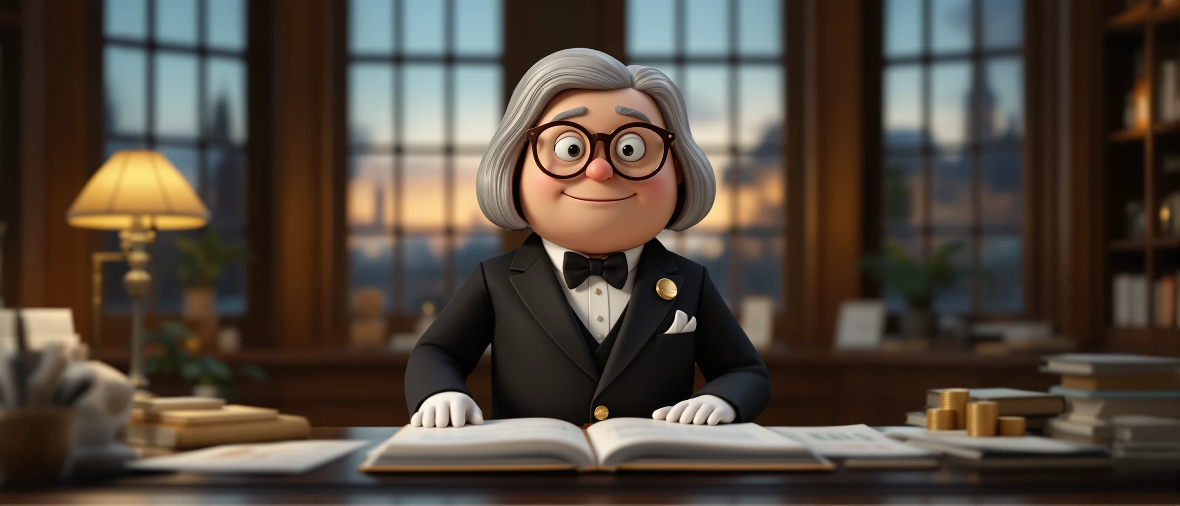 Illustration of a bookkeeper in round glasses checking a large ledger by lamplight