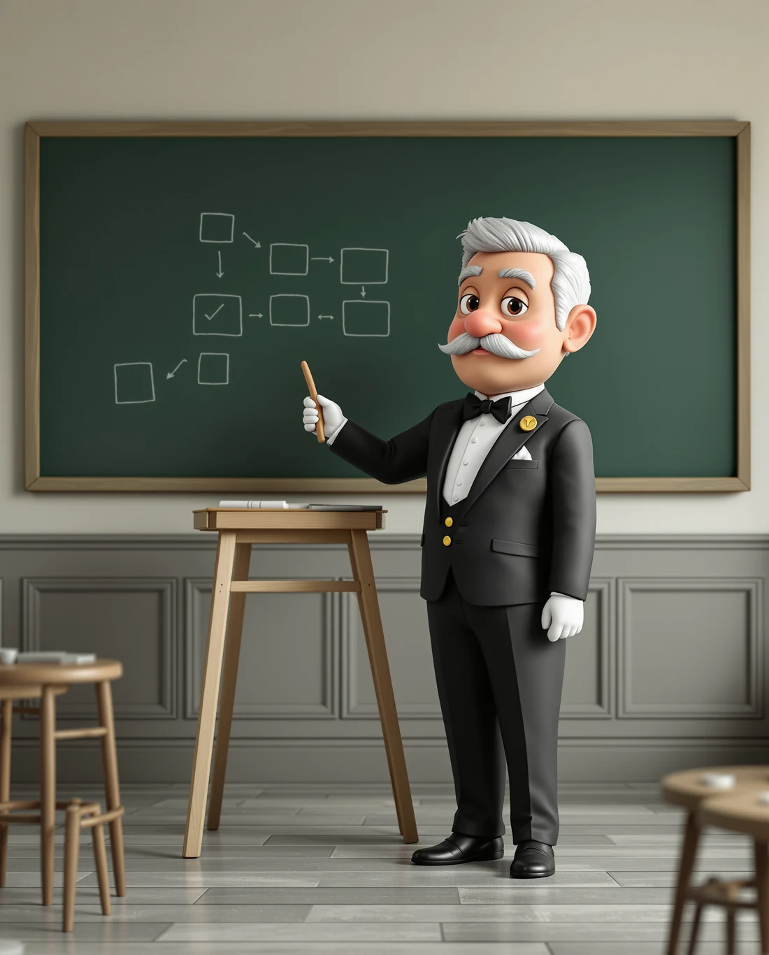 Illustration of a butler pointing a stick at a four-step plan on a school blackboard