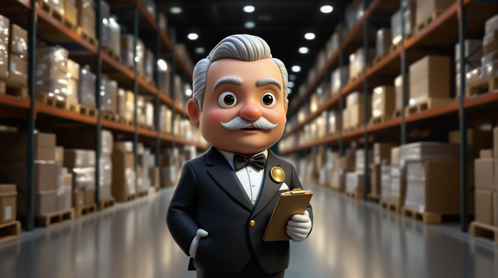 Illustration of a butler holding a tablet in a warehouse aisle lined with boxes